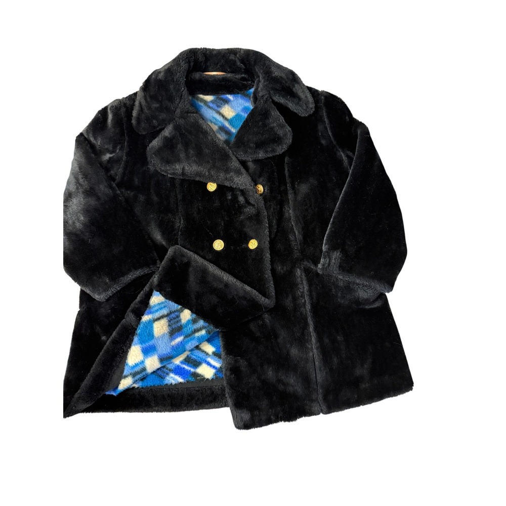 Vintage Sears Fashions Black Faux Fur Coat with Blue Plaid Lining Retro‎ L